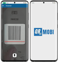 Smartphones exibindo diferentes tipos de telas; um com um código de barras rotulado como ‘UNLESS’ e outro com uma tela splash scream ‘QR_MOBI’